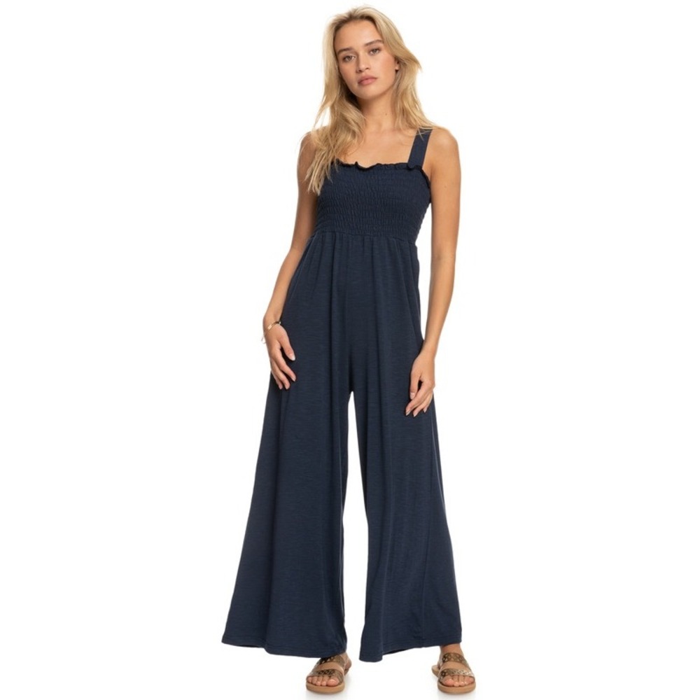 Roxy Navy Blue Smocked Wide Leg Jumpsuit Ruffle Square Neck Medium